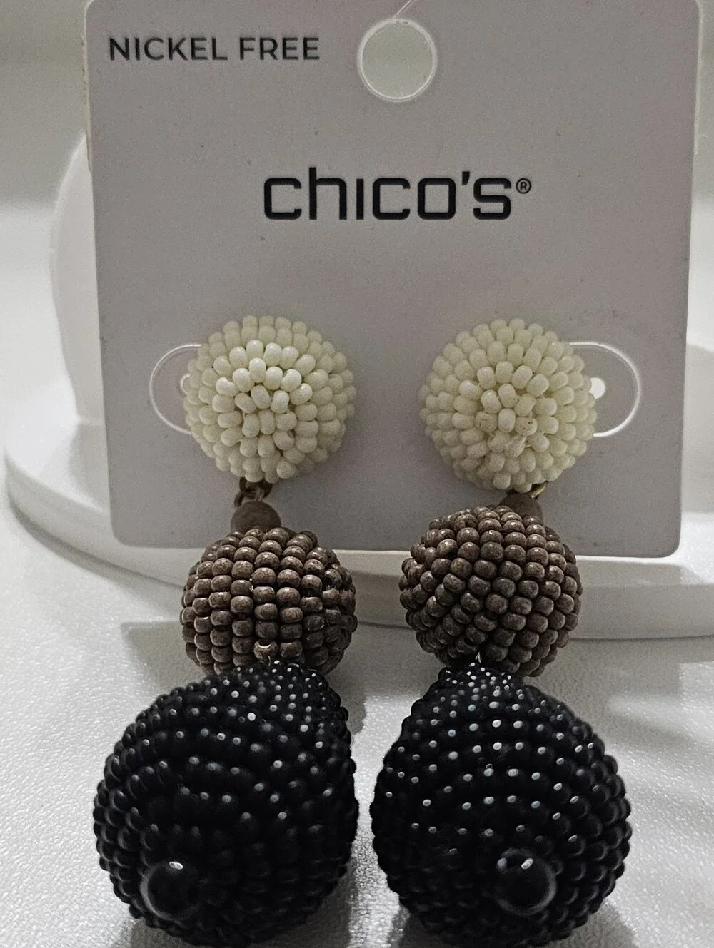 Chico's Triple Beaded Drop Earrings in Cream, Brown & Black